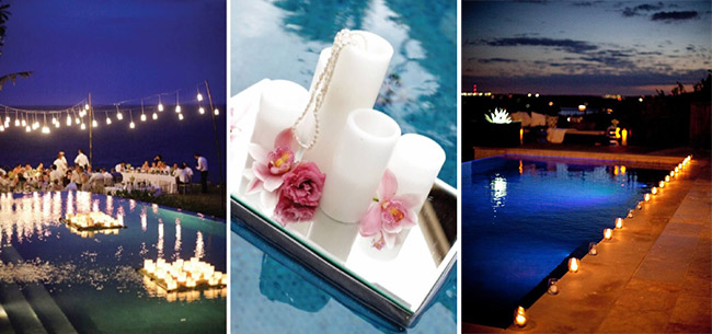 idee per illuminare la piscina al matrimonio con le candele